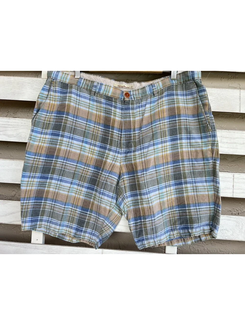 Tommy Bahama Shorts Mens 40 Linen Blend Plaid Casual Outdoor Beach Chino Blue.